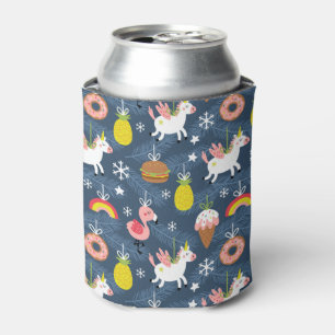 Fun Christmas Unicorns and Flamingos Pattern Can Cooler