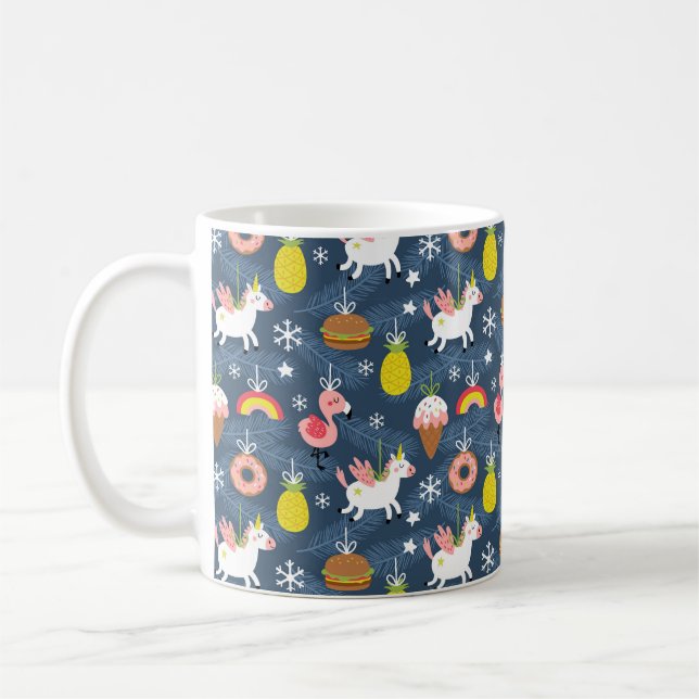 Fun Christmas Unicorns and Flamingos Pattern Coffee Mug (Left)