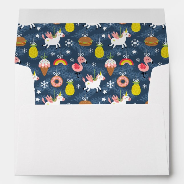 Fun Christmas Unicorns and Flamingos Pattern Envelope (Back (Bottom))
