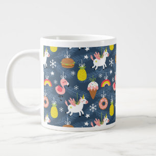Fun Christmas Unicorns and Flamingos Pattern Large Coffee Mug