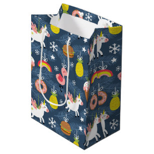 Fun Christmas Unicorns and Flamingos Pattern Medium Gift Bag