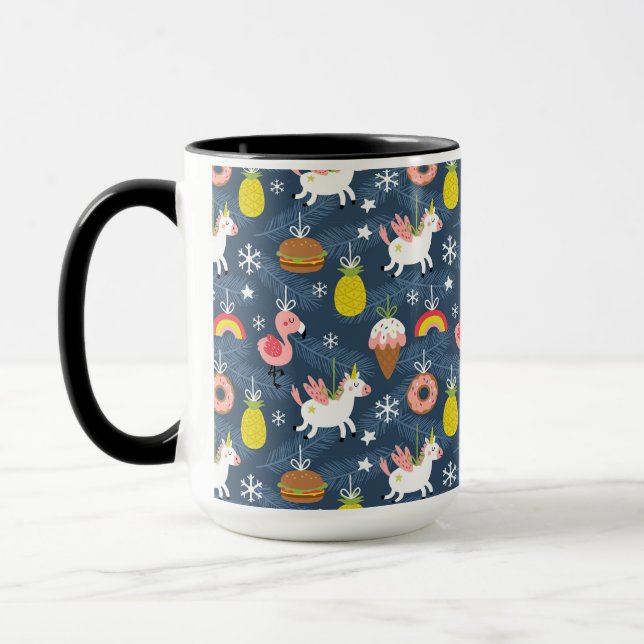 Fun Christmas Unicorns and Flamingos Pattern Mug (Left)