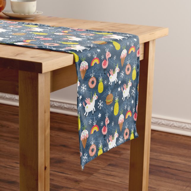 Fun Christmas Unicorns and Flamingos Pattern Short Table Runner (In Situ)