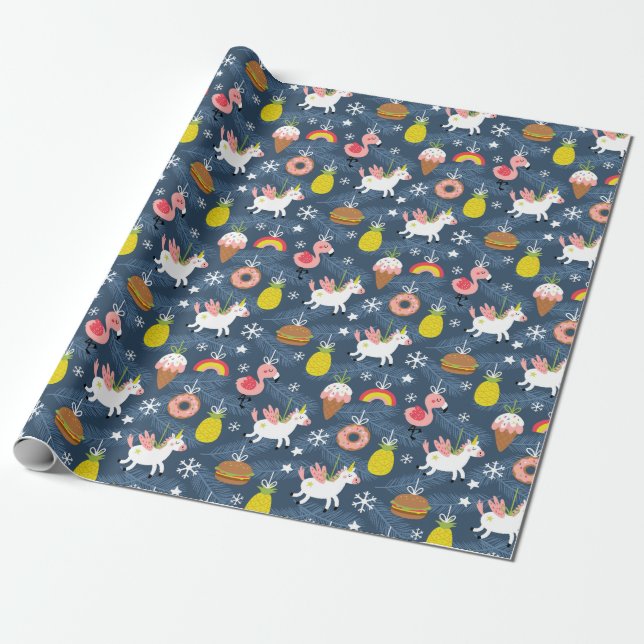 Fun Christmas Unicorns and Flamingos Pattern Wrapping Paper (Unrolled)
