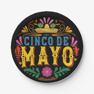 Fun Cinco de Mayo Mexican Hat, colourful flowers Paper Plate