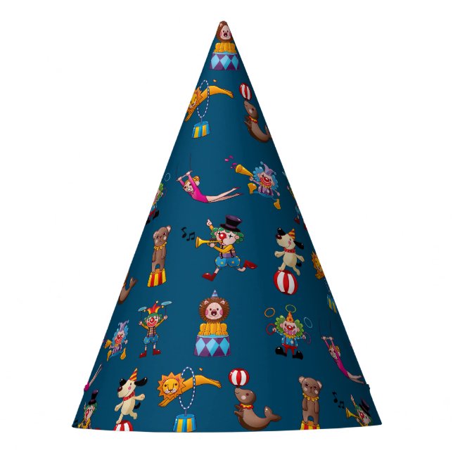 Fun Circus Party Acts Cartoon Pattern Blue Party Hat (Front)