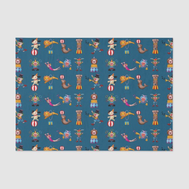 Fun Circus Party Acts Cartoon Pattern Blue Tissue Paper (Front)