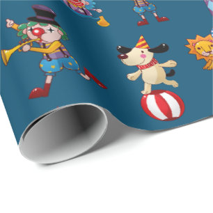 Fun Circus Party Acts Cartoon Pattern Blue Wrapping Paper