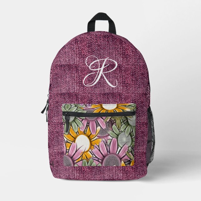 Fun Classy Script Denim Flowers Ladies Teen Girls Printed Backpack (Front)