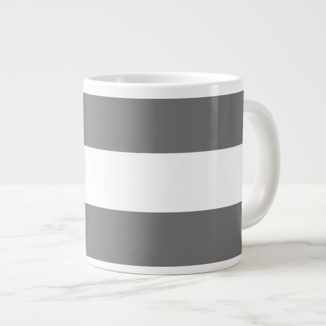Fun Classy Sporty Modern Grey White Wide Stripes Large Coffee Mug (Front Right)