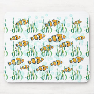 Fun Clown Fish Orange White Black Blue Bubbles Mouse Mat