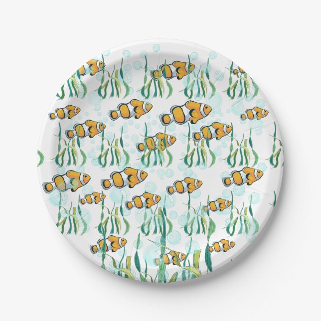 Fun Clown Fish Orange White Black Blue Bubbles Paper Plate (Front)