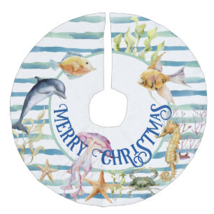 Fun Coastal Beach Theme Merry Christmas  Faux Linen Tree Skirt