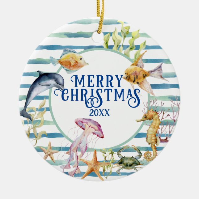 Fun Coastal Beach Theme Merry Christmas, Photo Ceramic Tree Decoration (Front)
