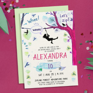 Fun Color Ziplining Girl Outdoor Bday Watercolor Invitation