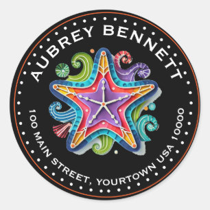 FUN COLORFUL ABSTRACT STARFISH Name & Address Classic Round Sticker