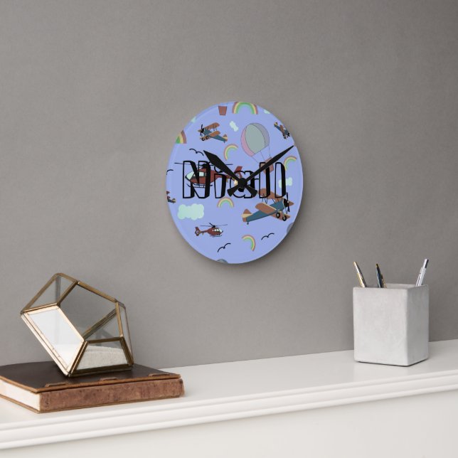 Fun Colorful Aviation Personalized Round Clock (Office)