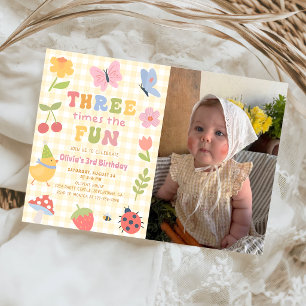Fun Colorful Gingham Girl 3rd Birthday Photo Invitation