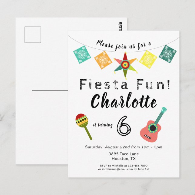 Fun Colorful Kids Fiesta Birthday Party Postcard (Front/Back)