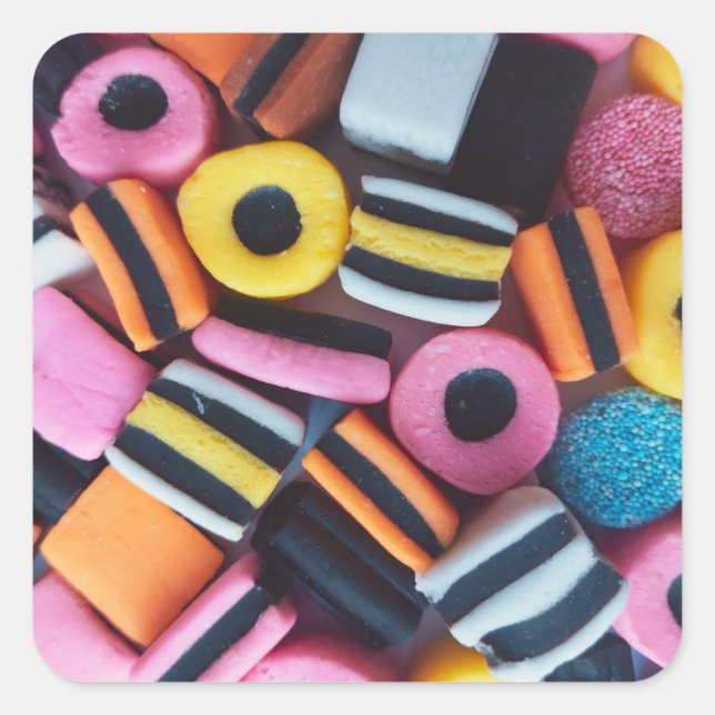 Fun, colorful, licorice candy square sticker (Front)