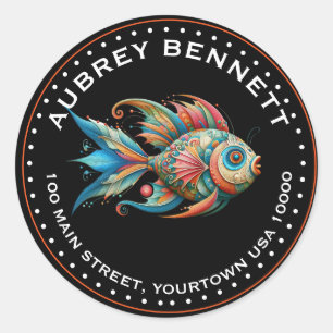 FUN COLORFUL PAINTED FISH Name & Address Classic Round Sticker