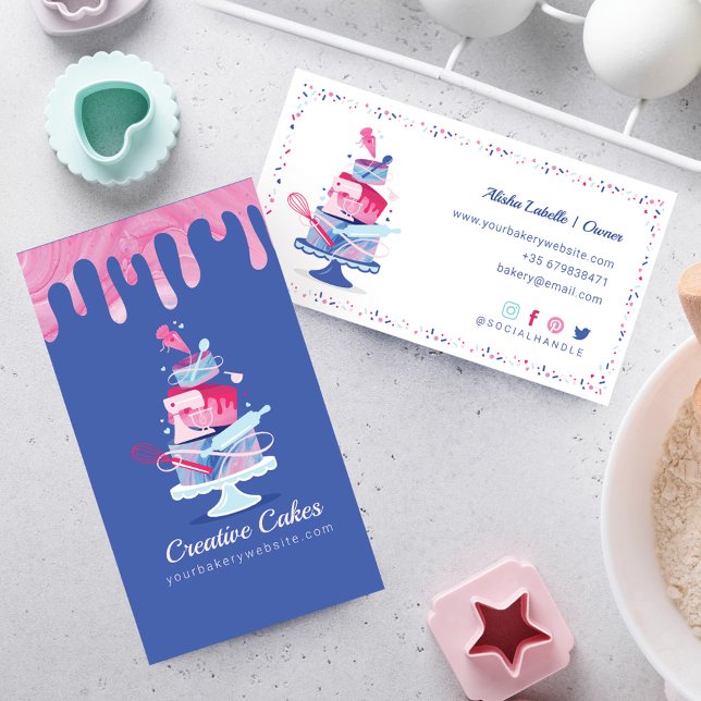 Fun Colorful Pastry Cakes Bakery & Tools Pink Drip Business Card (Creator Uploaded)