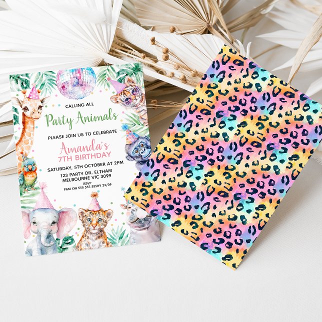 Fun Colorful Safari Calling Party Animals Birthday Invitation (Girls Calling all Party Animals Safari Birthday Invitation Template Colorful Disco Ball Jungle )