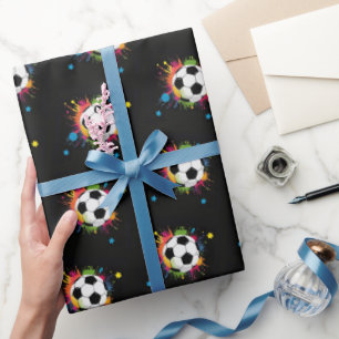 Fun Colorful Soccer Balls Sport Pattern On Black Wrapping Paper