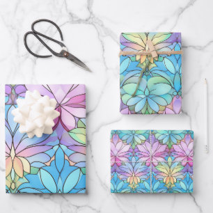 Fun Colorful Stained  Glass Window Flower Patterns Wrapping Paper Sheet