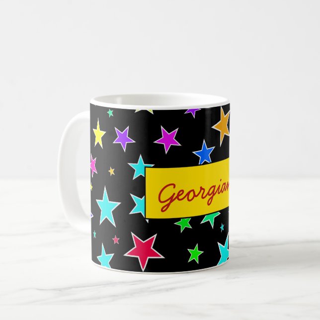 Fun, Colorful Stars Pattern + Name Coffee Mug (Front Left)