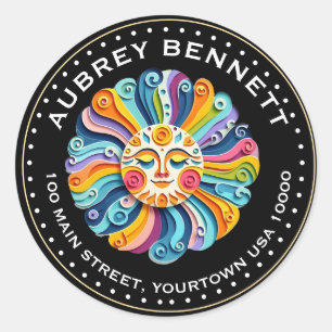 FUN COLORFUL SUN with FACE Name & Address Classic Round Sticker