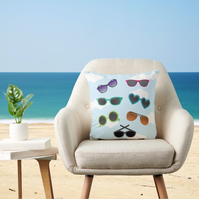 Fun Colorful Sunglasses Against Blue Sky Cushion (Creator Uploaded)
