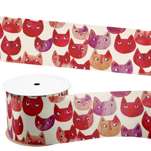 Fun Colorful Watercolor Cat Pattern Satin Ribbon