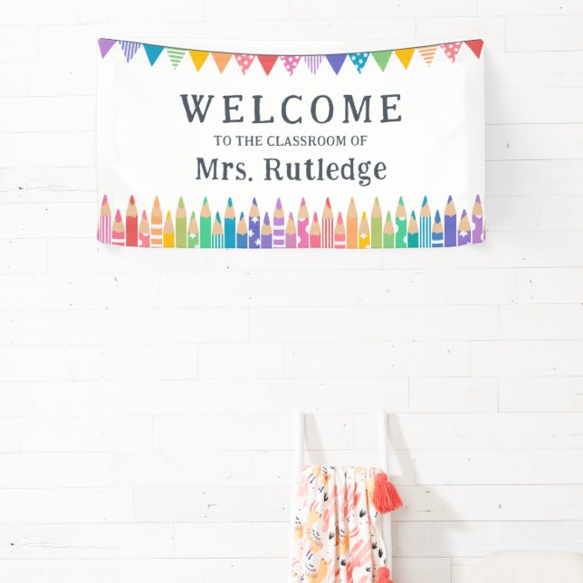 Fun Coloured Pencils Welcome Teacher's Classroom Banner (Insitu)