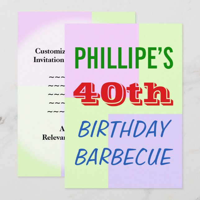 Fun, Colourful "40th BIRTHDAY BARBECUE" Invitation (Front/Back)