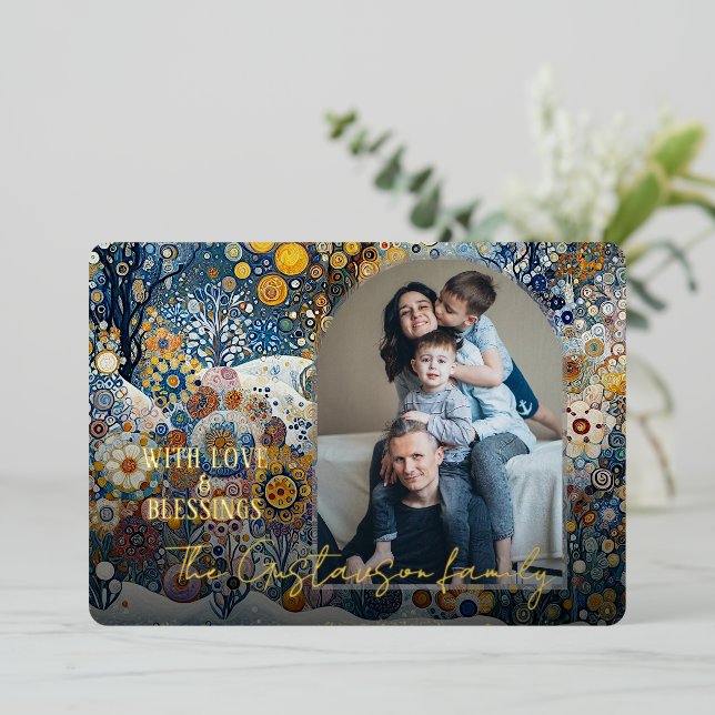 Fun Colourful Abstract Winter Wonderland Art Gold Foil Holiday Card (Standing Front)