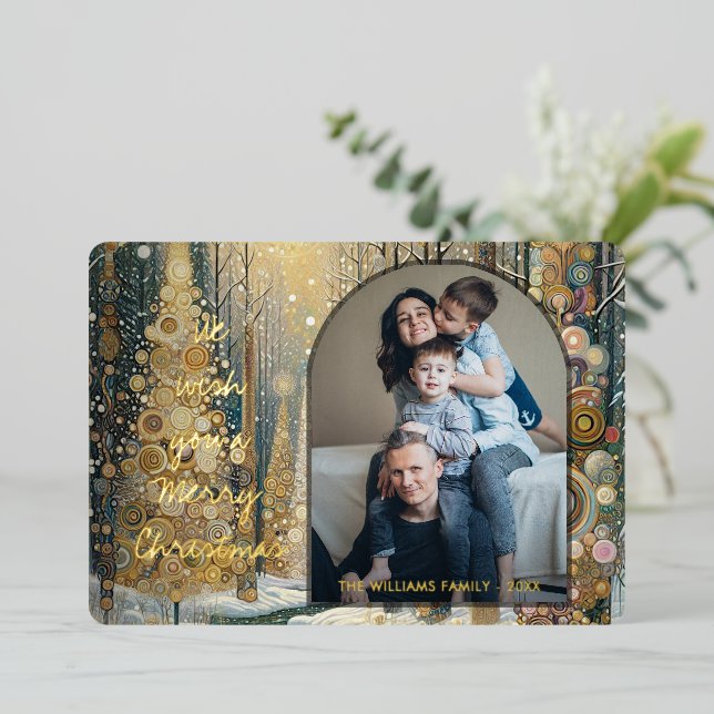 Fun Colourful Abstract Winter Wonderland Art Gold Foil Holiday Card (Standing Front)