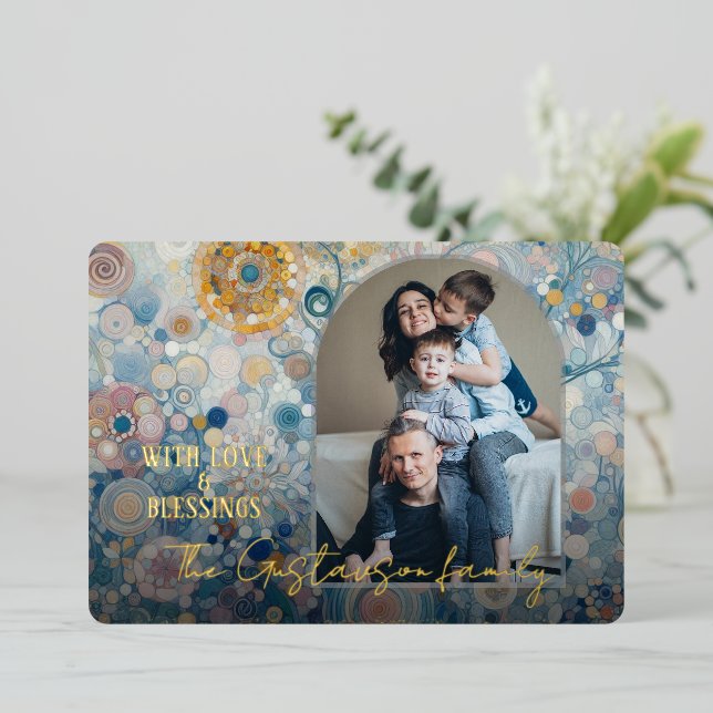 Fun Colourful Abstract Winter Wonderland Art Gold Foil Holiday Card (Standing Front)