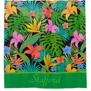 Fun, Colourful Add Name Tropical Foliage & Flowers Shower Curtain
