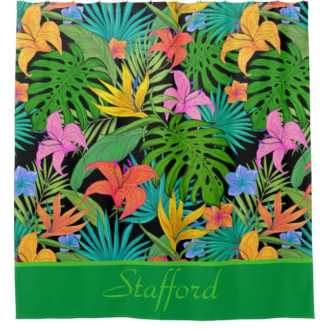 Fun, Colourful Add Name Tropical Foliage & Flowers Shower Curtain (Front)