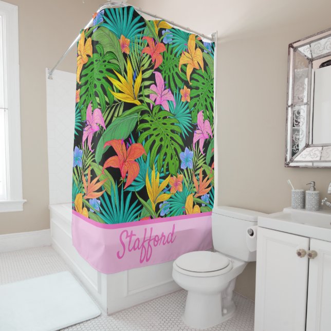 Fun, Colourful Add Name Tropical Foliage & Flowers Shower Curtain (In Situ)