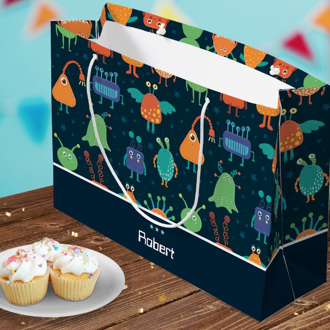 Fun Colourful Alien Pattern for Kids on Blue Party Large Gift Bag (Creator Uploaded)