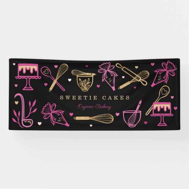 Fun Colourful Baking & Cooking Utensil Black & Gol Banner (Horizontal)