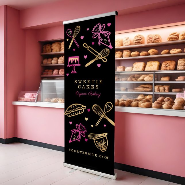 Fun Colourful Baking & Cooking Utensil Black & Gol Retractable Banner (Fun Colorful Baking & Cooking Utensil Black & Gold Retractable Banner)