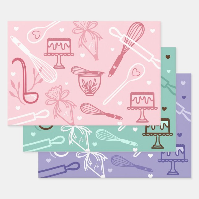 Fun Colourful Baking & Cooking Utensil Pattern Wrapping Paper Sheet (Set)