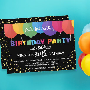 Fun Colourful Balloons Gold Glitter Birthday Party Invitation