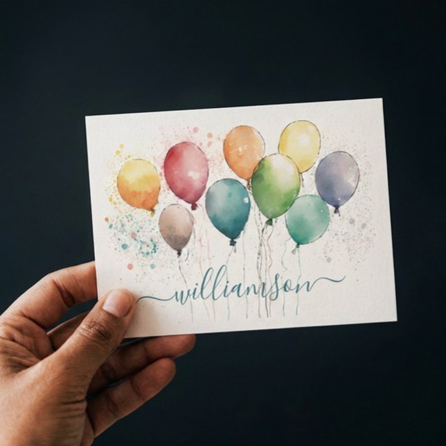 Fun Colourful Balloons with  Last Name Note Card (Personalized note card with festive balloons
)