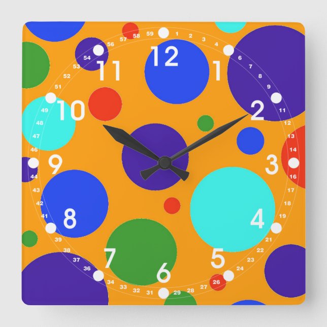 Fun Colourful Big Polka Dots Blue Orange Green Square Wall Clock (Front)