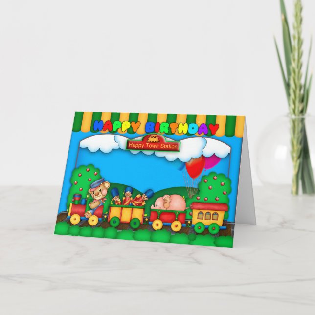 fun colourful birthday card with toy train (Front)
