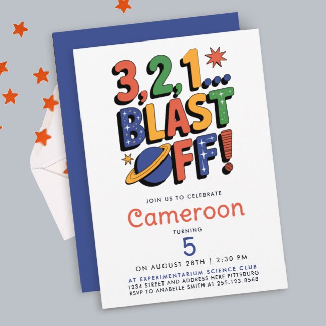 Fun Colourful Blast Off Planets Galaxy Bold Typo Invitation (Creator Uploaded)